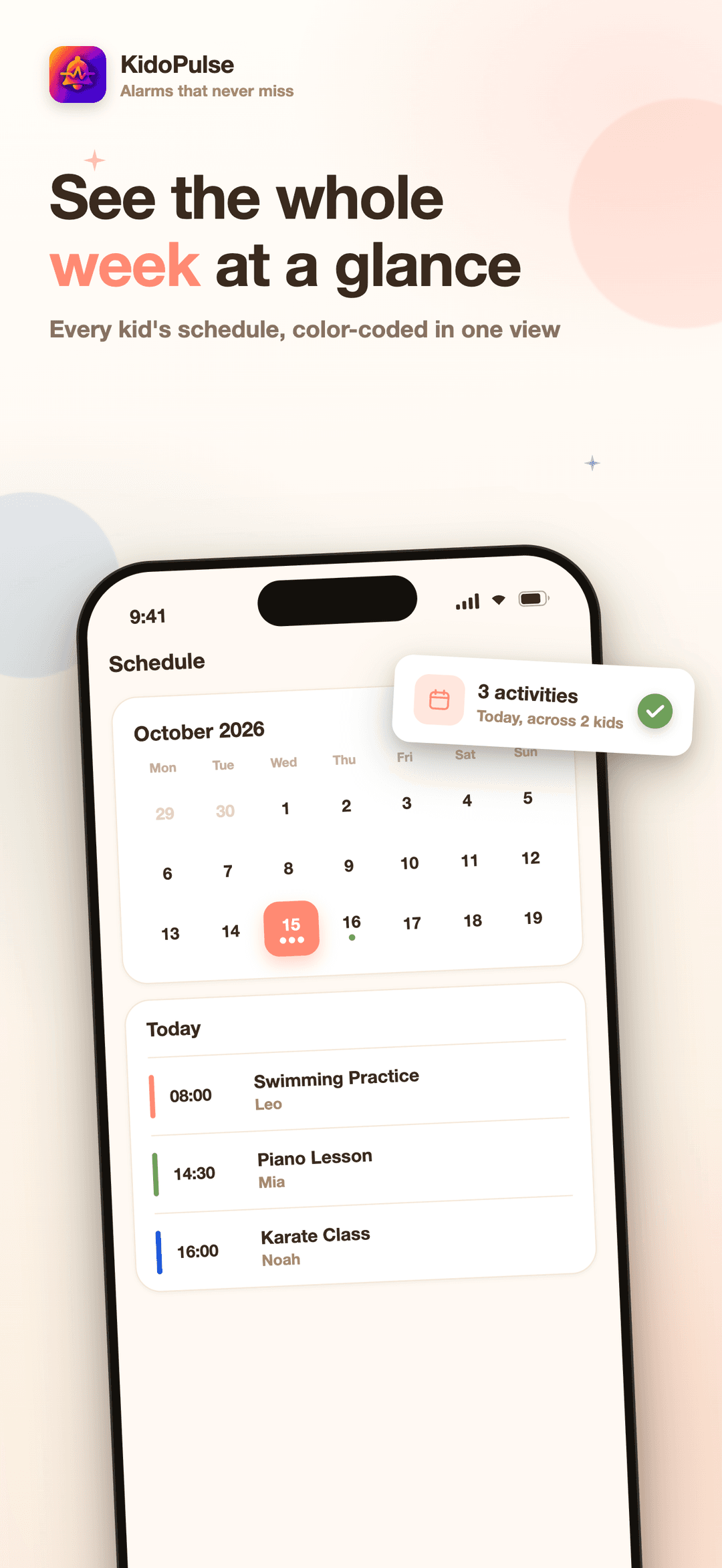 KidoPulse weekly calendar view with color-coded activities for each child across the month