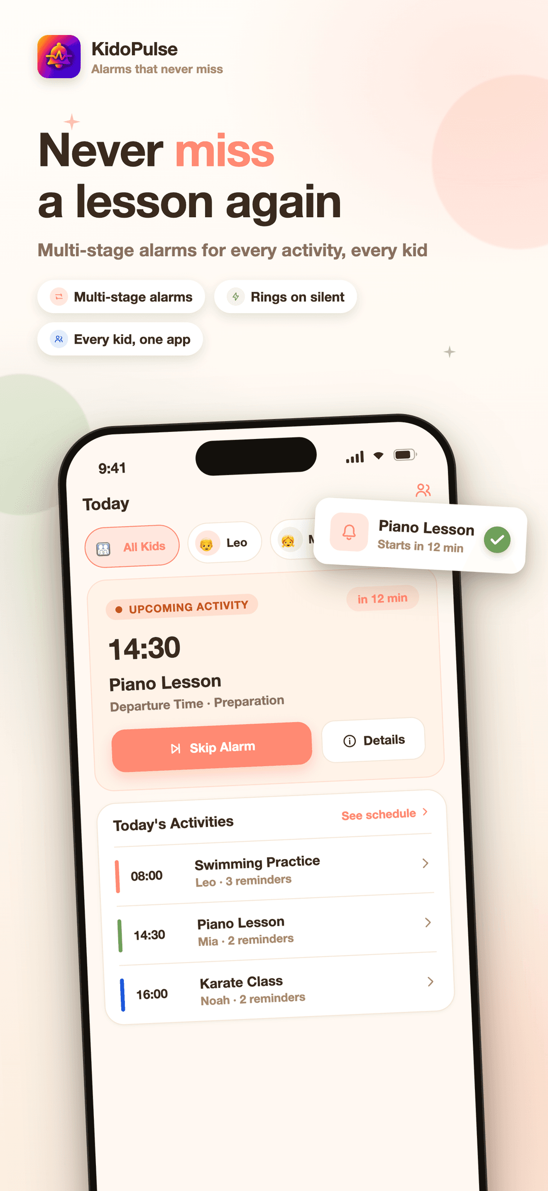 KidoPulse home dashboard showing today's upcoming activity countdown and the day's schedule across children