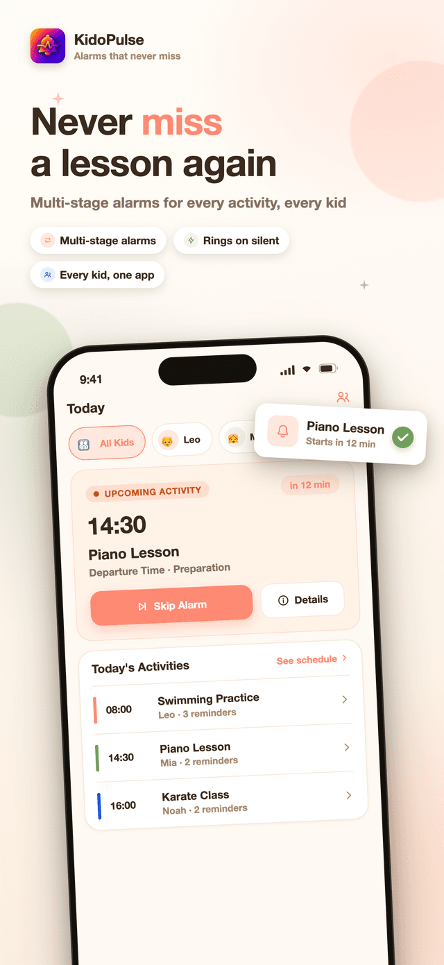 KidoPulse home dashboard showing today's upcoming activity countdown and the day's schedule across children