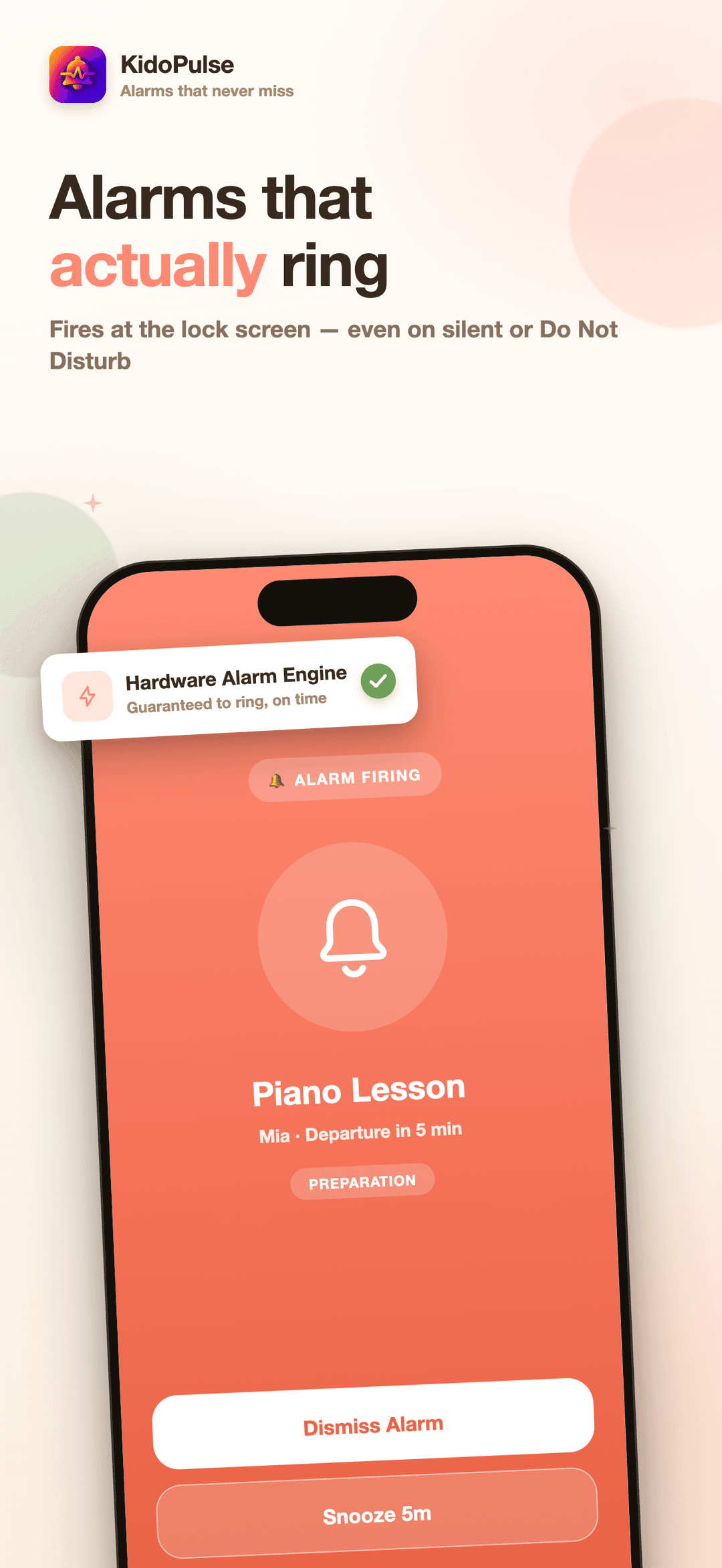 KidoPulse full-screen alarm firing for a Piano Lesson, ringing through silent mode with Dismiss and Snooze