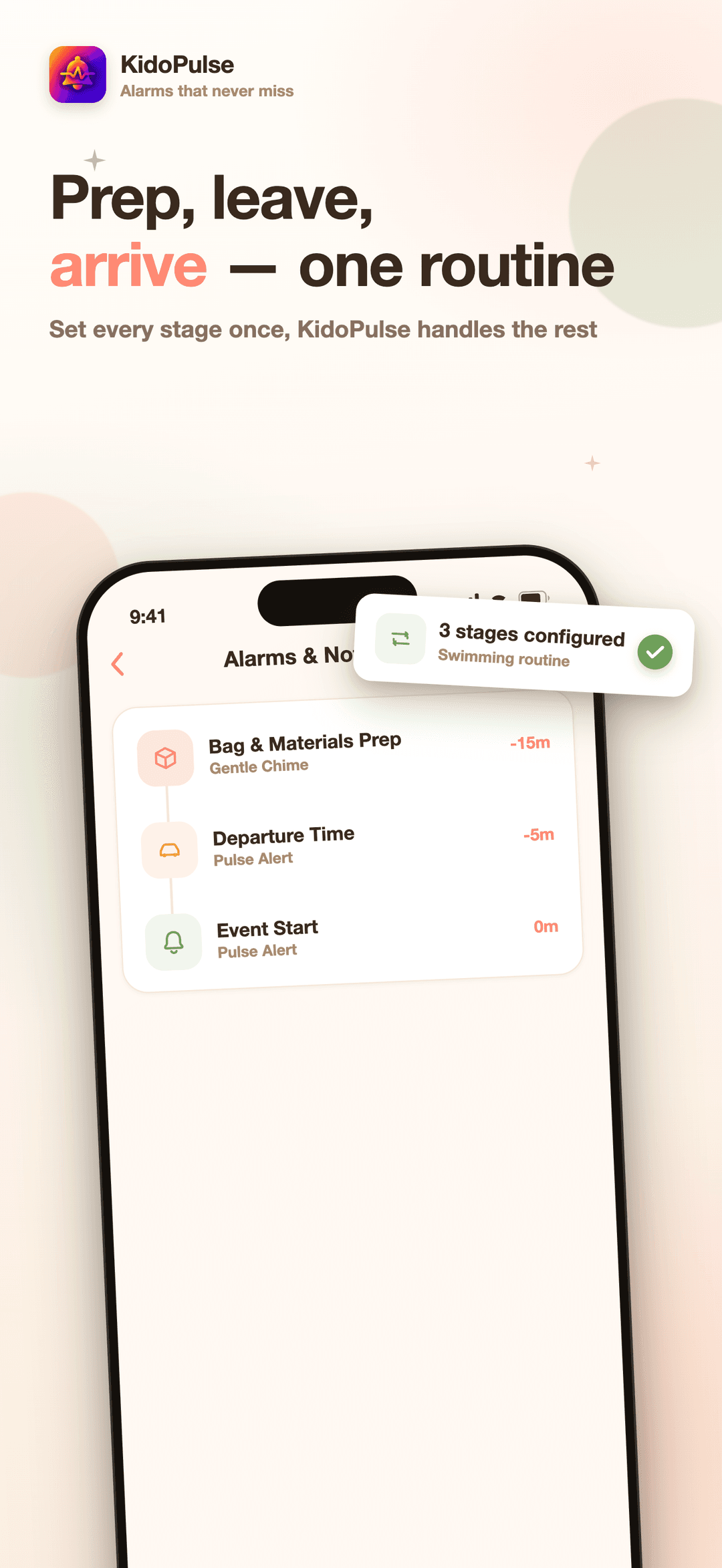 KidoPulse alarm stage editor showing a 3-stage swimming routine: bag prep, departure time, and event start
