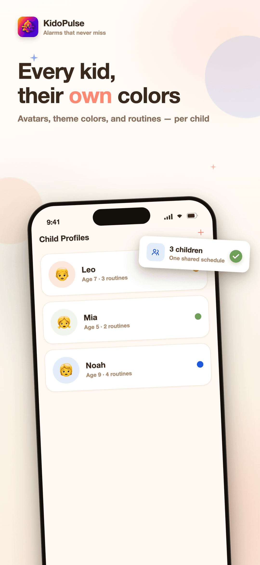 KidoPulse child profiles screen showing three children with their own avatar, age, and routine count