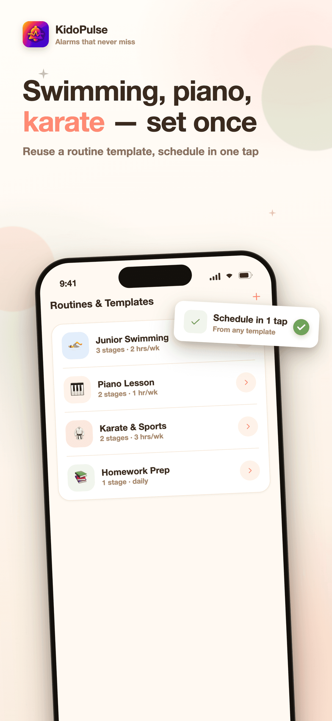 KidoPulse routines and templates list: Junior Swimming, Piano Lesson, Karate and Sports, and Homework Prep